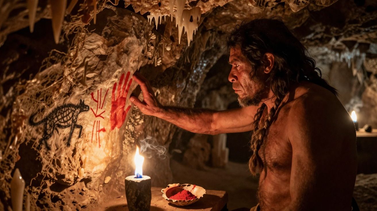 Mensch in Höhle malt mit roter Farbe Handabdruck und prähistorische Bilder bei Kerzenlicht.