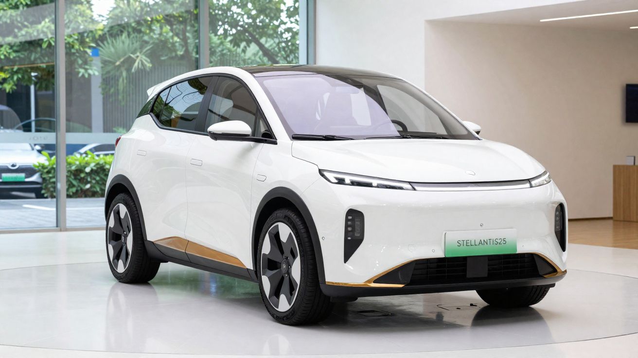 Weißes Elektroauto Stellantis 2S in modernem Showroom mit großen Fenstern und grüner Umgebung.