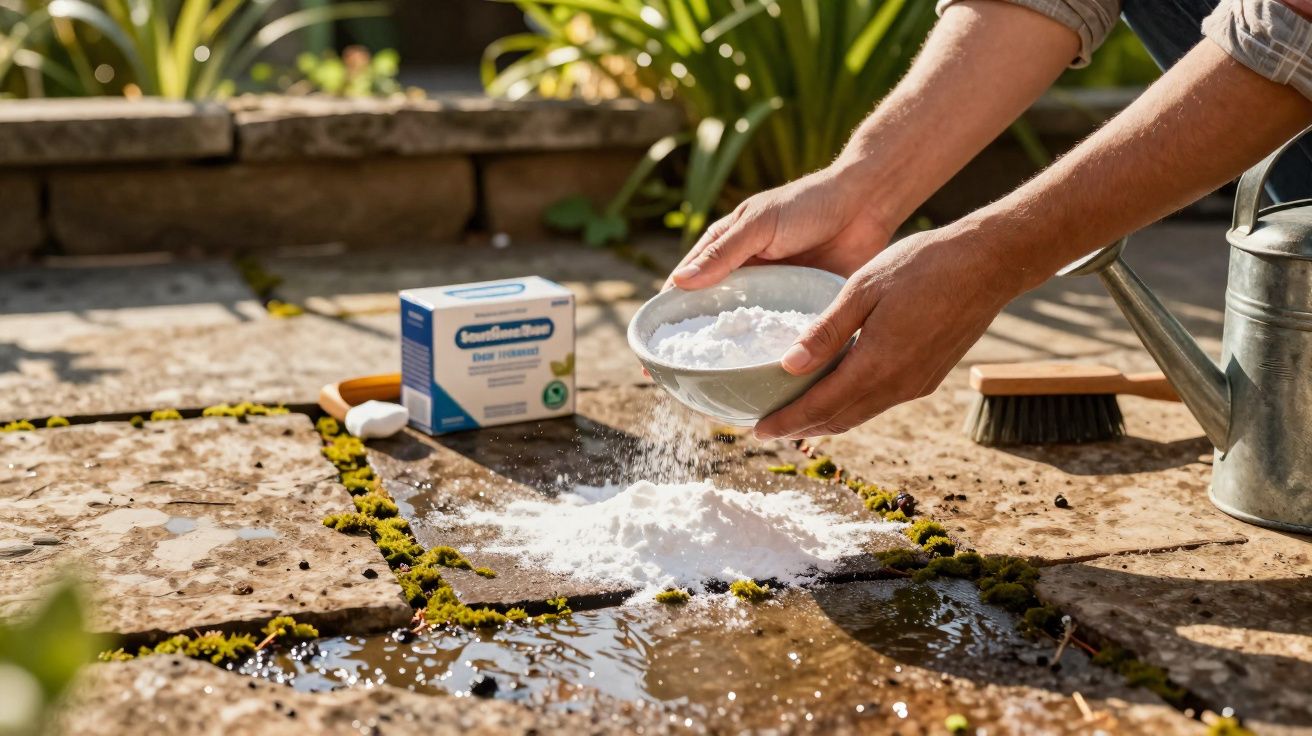 Hände streuen Backpulver auf Pflastersteine zwischen Moosbewuchs im Garten bei Sonnenschein.