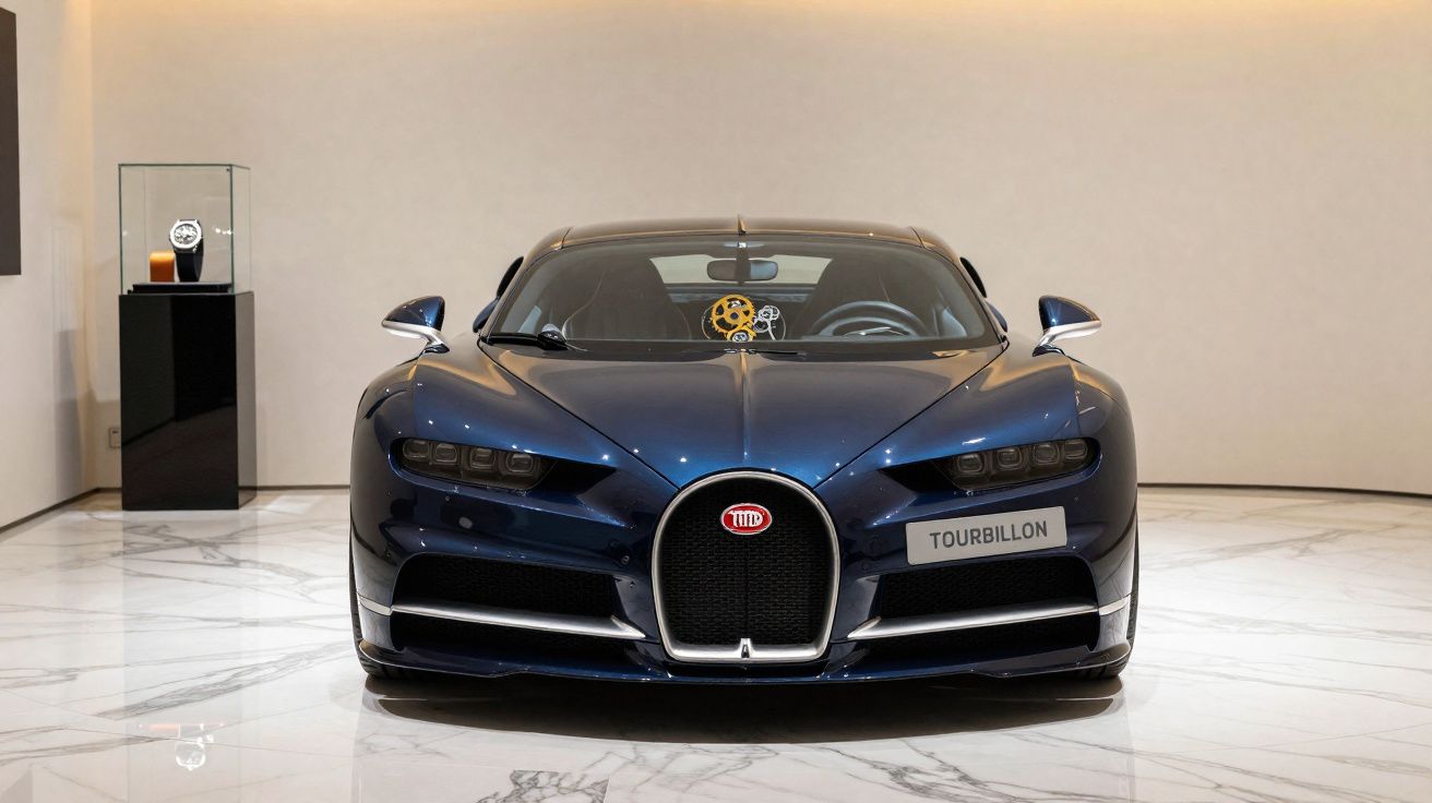 Blauer Bugatti Chiron steht vor weißer Wand im Showroom auf glänzendem Marmorboden.