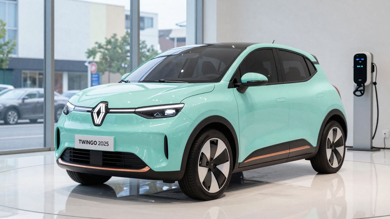 Mintgrüner Renault Twingo 2025 Elektroauto in einem hellen Showroom neben Ladestation.