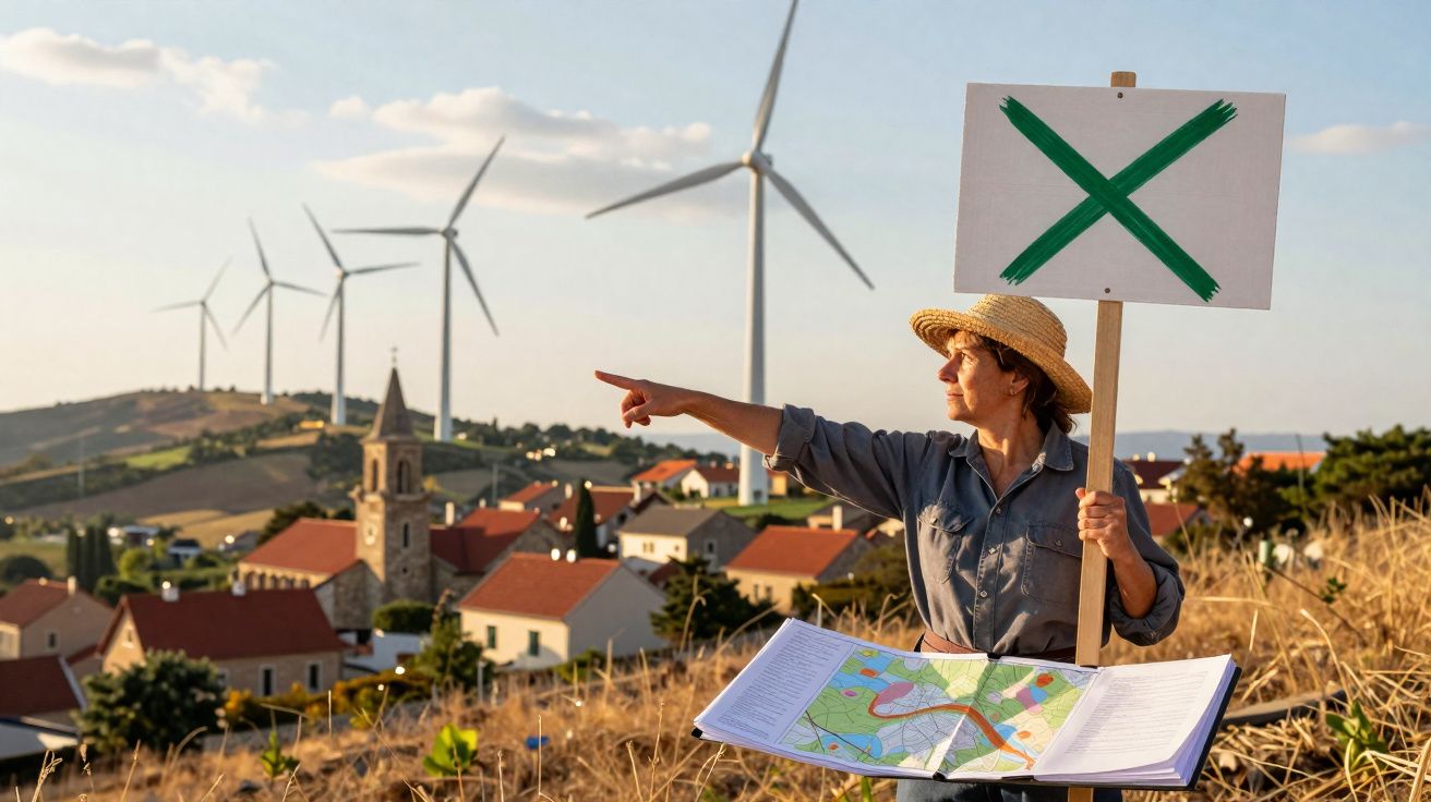 Frau mit Strohhut hält Protestschild mit grünem X und zeigt auf Windräder über einem Dorf in der Landschaft.