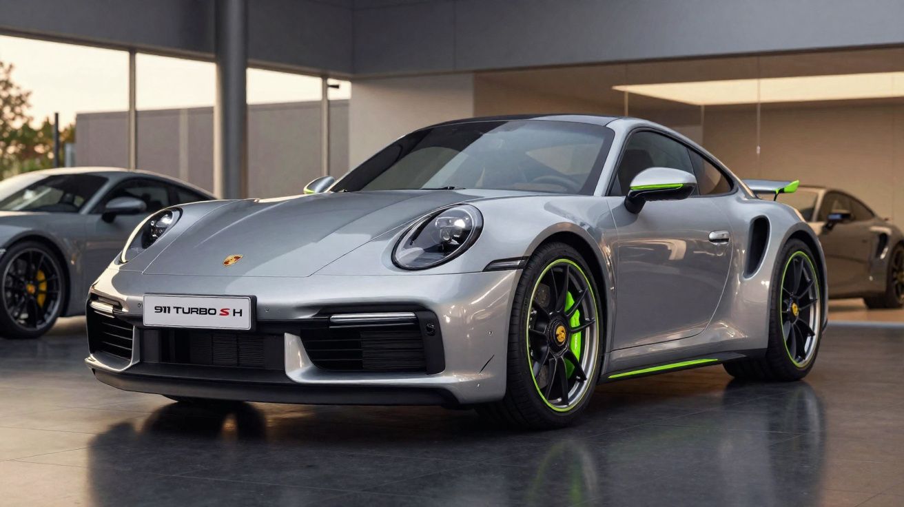 Silberner Porsche 911 Turbo S mit grünen Akzenten in moderner Ausstellungshalle geparkt.