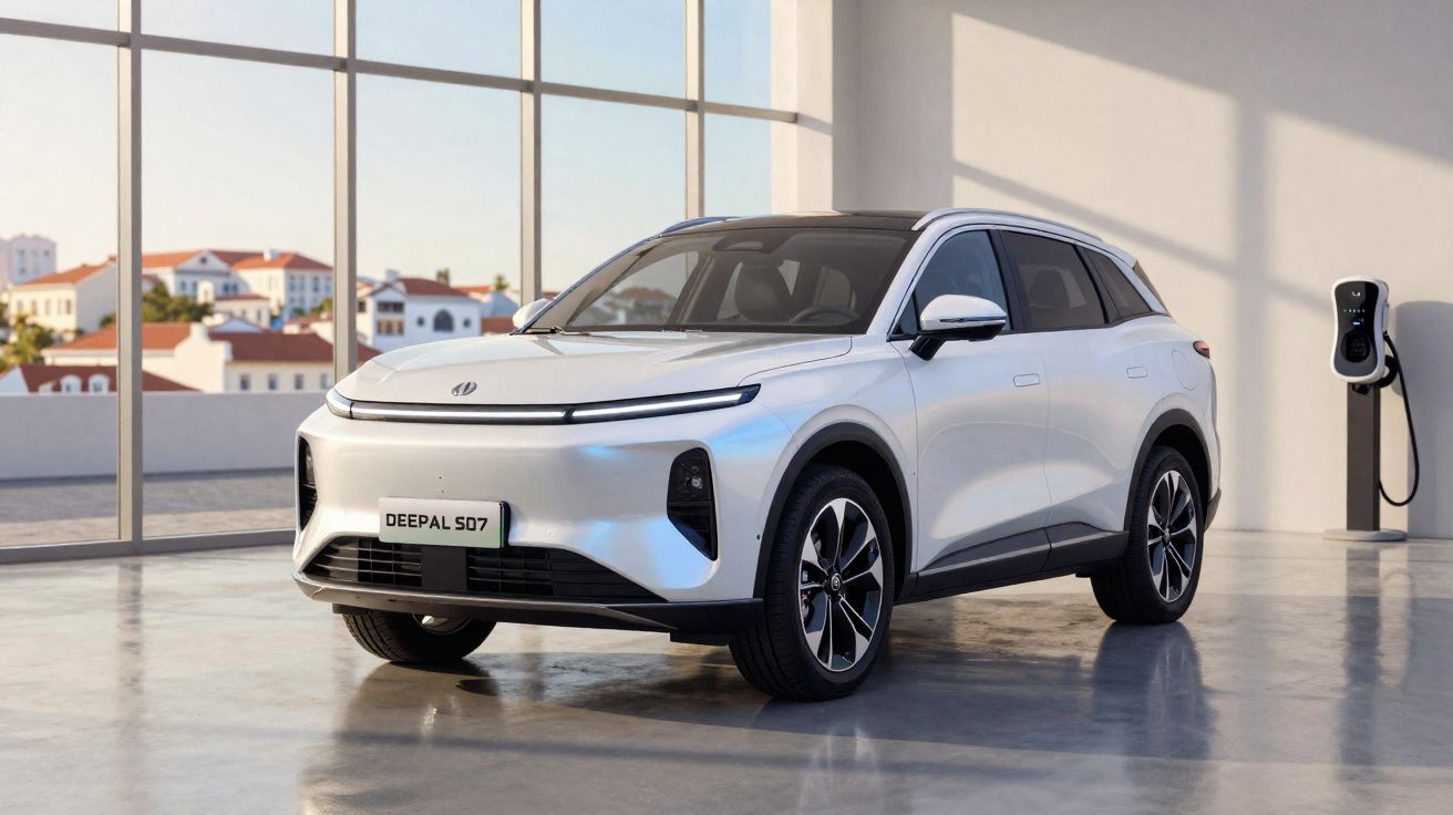 Weißer Elektro-SUV Deepal S07 in modernem Showroom neben Ladestation vor großen Fenstern.