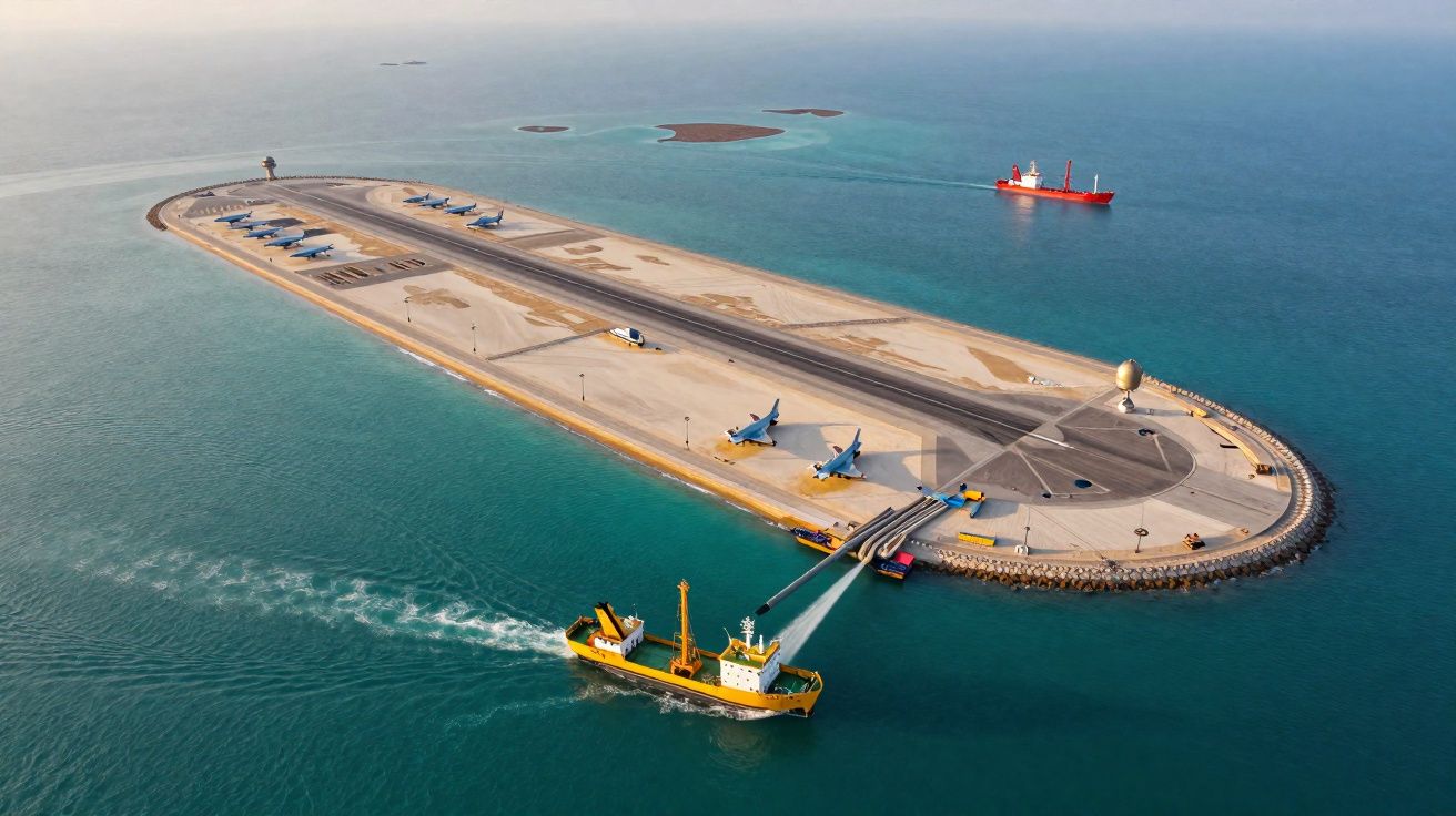 Künstliche Insel mit Landebahn, mehreren Flugzeugen und Schiffen im umgebenden Meer.