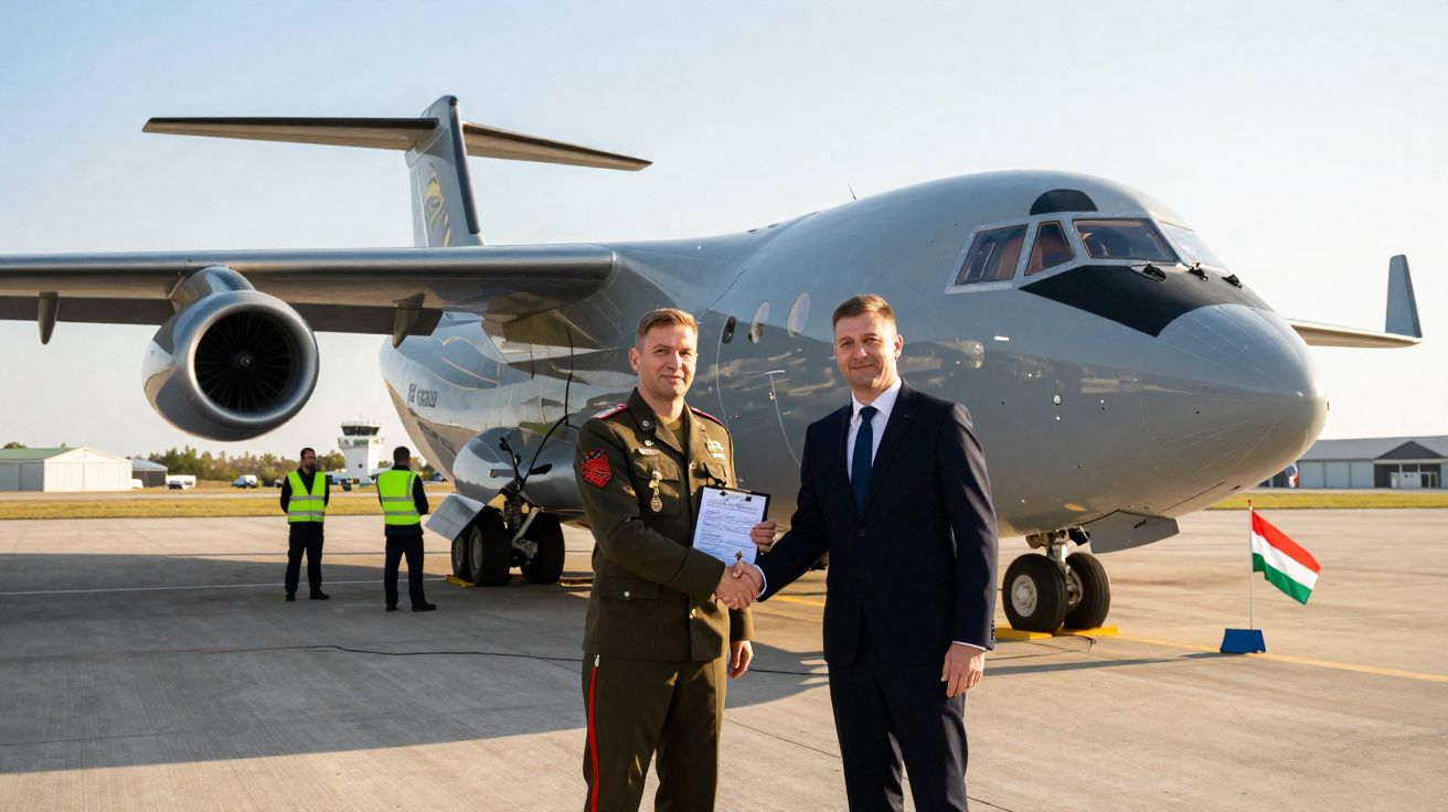 Zwei Männer, einer in Uniform, schütteln sich vor einem Flugzeug auf dem Flughafenvorfeld die Hand.