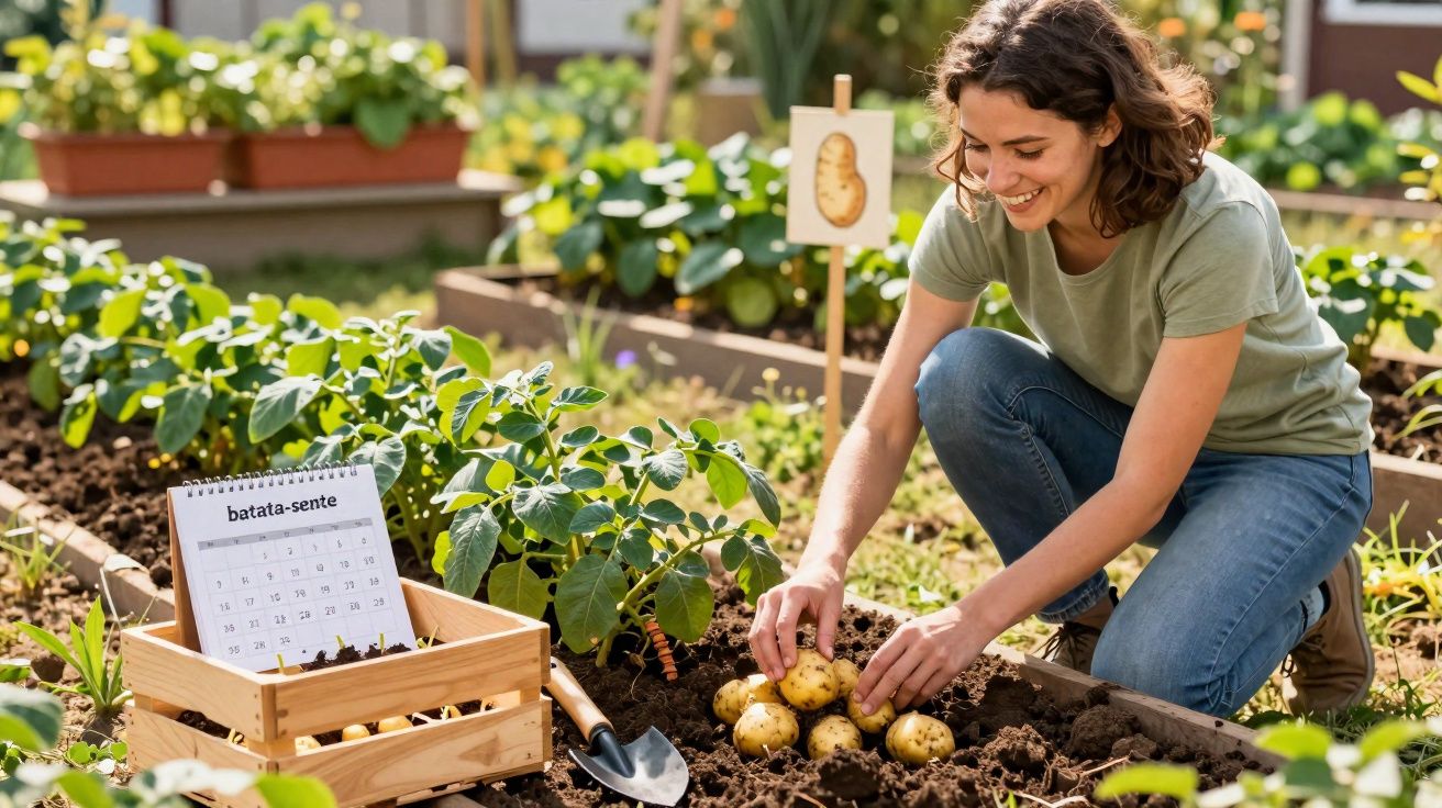 Frau erntet Kartoffeln in einem Hochbeet im Garten an sonnigem Tag.