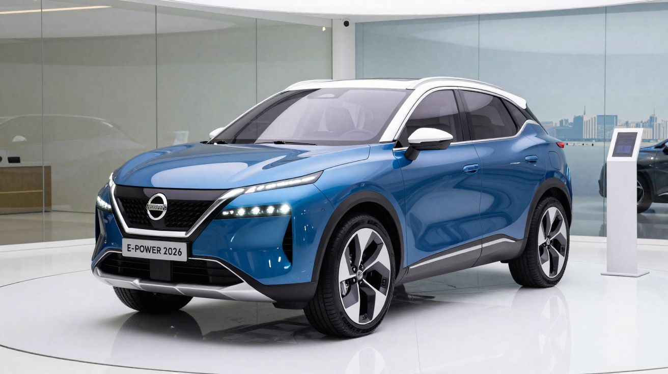 Blauer Nissan E-POWER SUV 2026 im Ausstellungsraum mit weißen Wänden und Glasfront