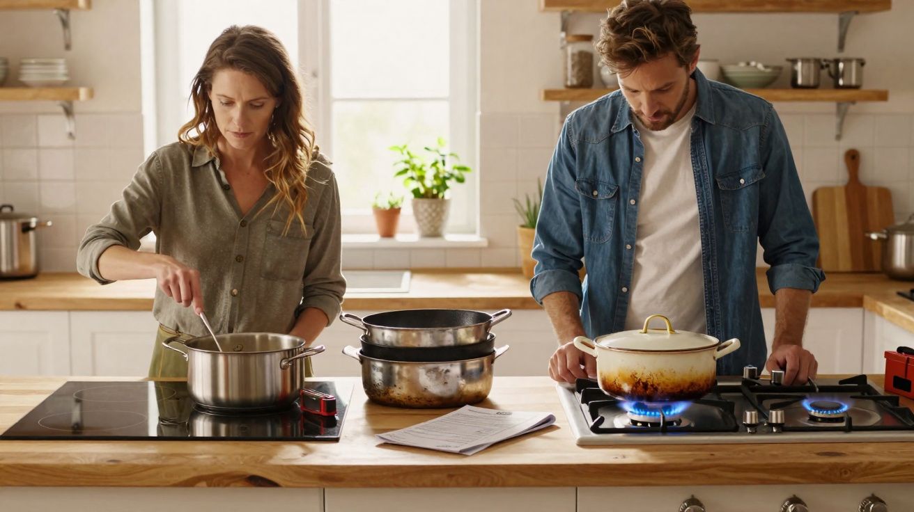 Paar kocht gemeinsam in einer modernen Küche mit Töpfen auf Gas- und Elektroherd.