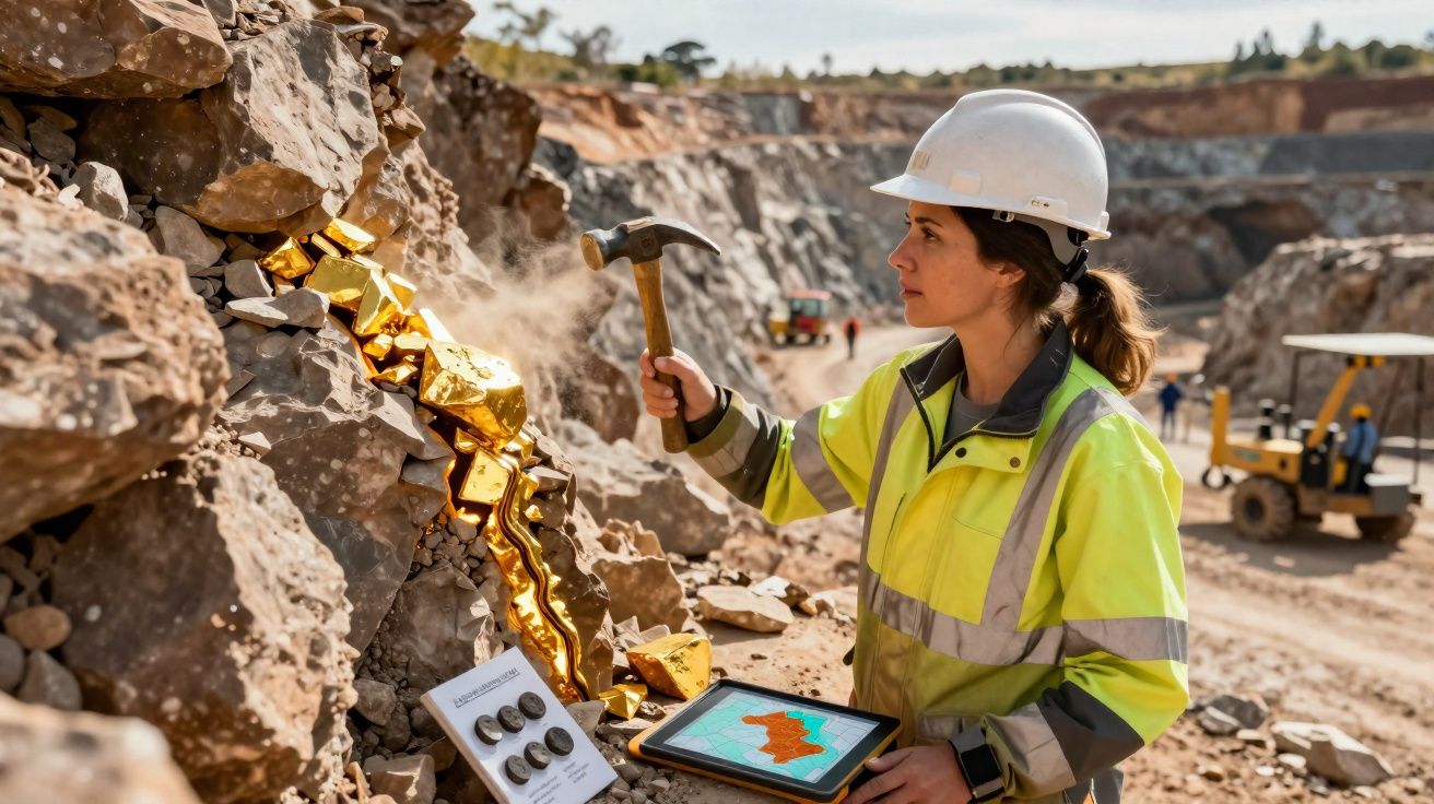 Frau mit Helm und Warnjacke schlägt goldene Adern in Steinbruch mit Hammer und Tablet.