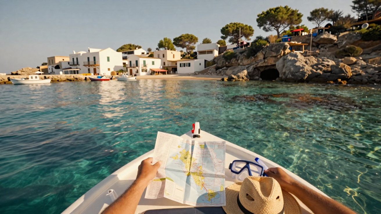 Blick von einem Boot auf türkisfarbenes Wasser, Küste mit weißen Häusern und Felsen im Hintergrund.