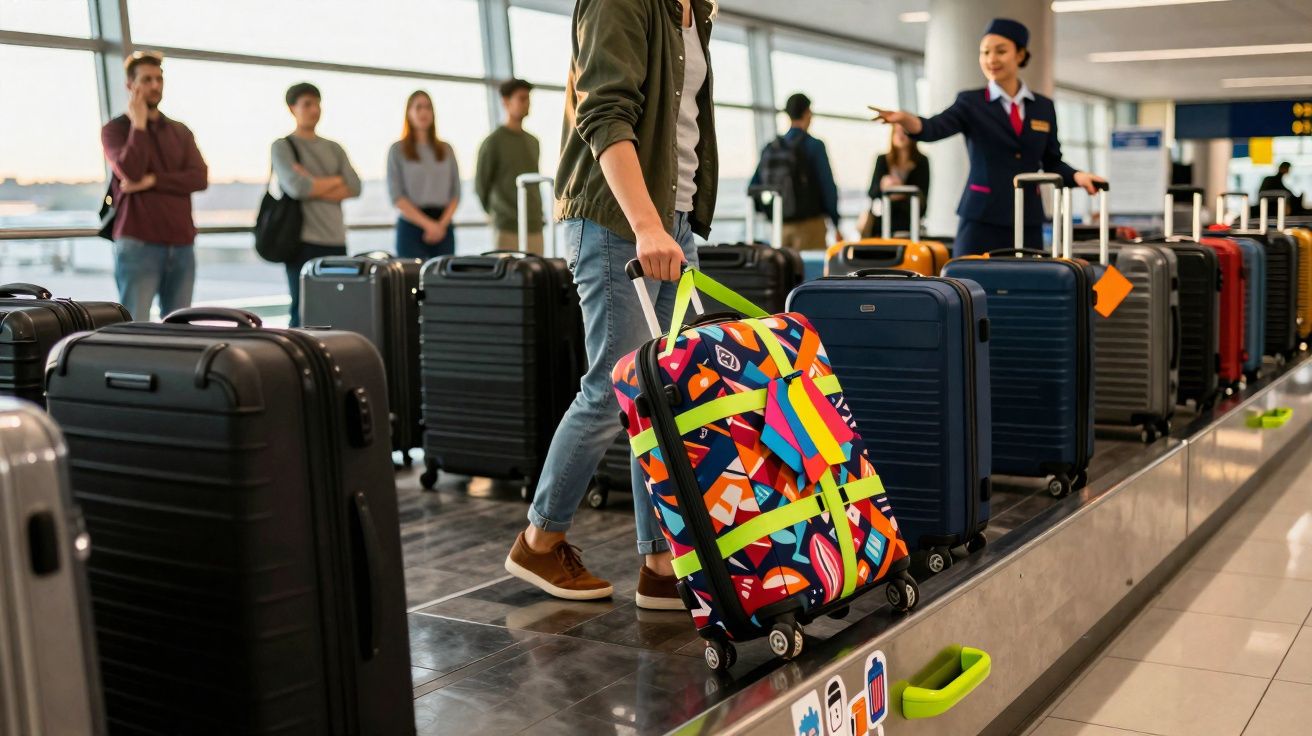 Person am Gepäckförderband am Flughafen, viele Koffer, Flugbegleiterin weist Richtung an