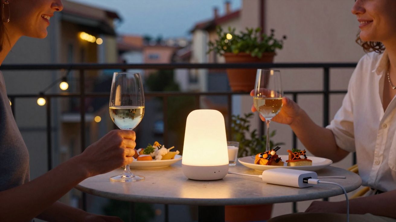 Zwei Frauen trinken Wein und essen Snacks bei später Abenddämmerung auf einem Balkon mit Tischlampe.