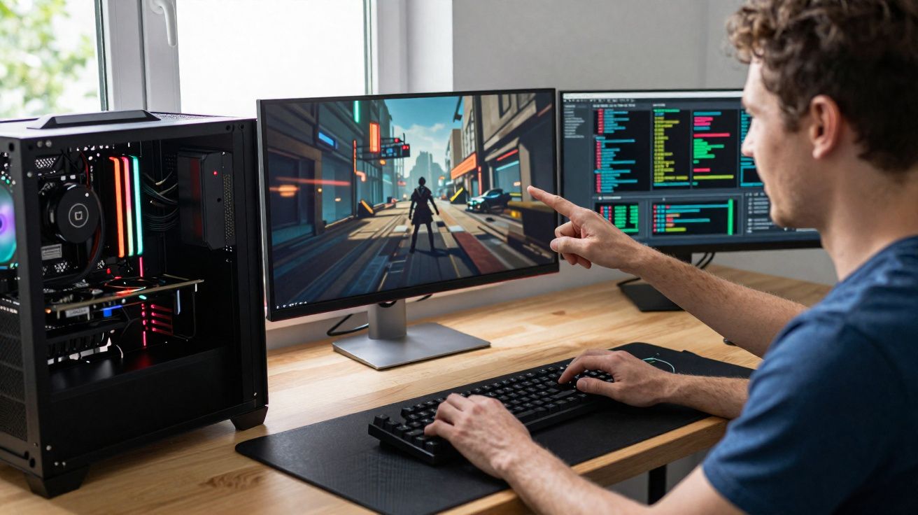 Person spielt ein Action-Computerspiel an einem Dual-Monitor-Setup mit offener PC-Gehäusebeleuchtung.
