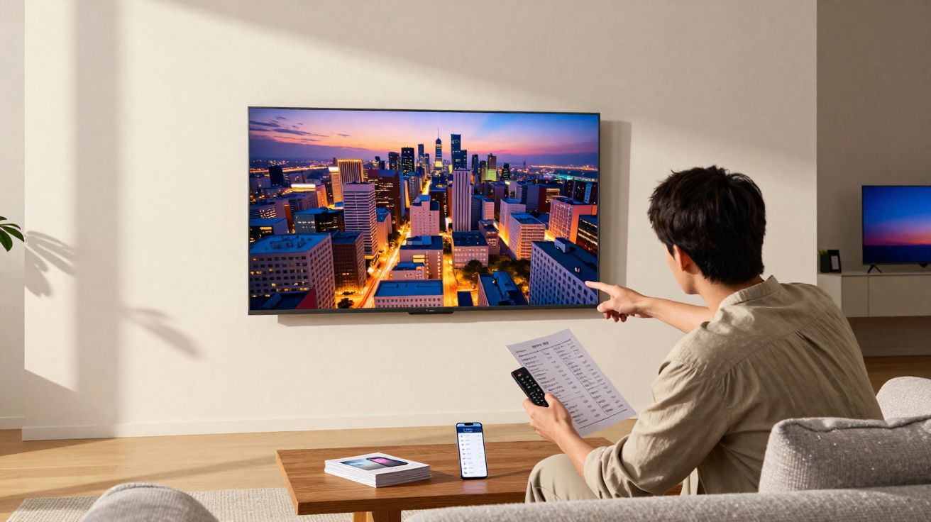 Mann auf Sofa zeigt auf Wand-TV mit Stadtbild bei Sonnenuntergang, hält Fernbedienung und Papier in der Hand.