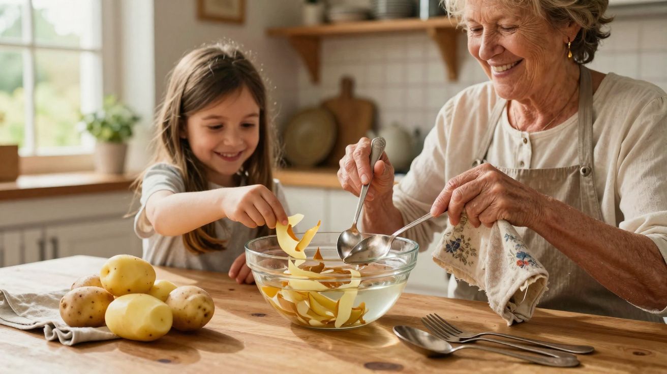 Ältere Frau und Mädchen schneiden und waschen Kartoffelschalen gemeinsam in einer Küche.