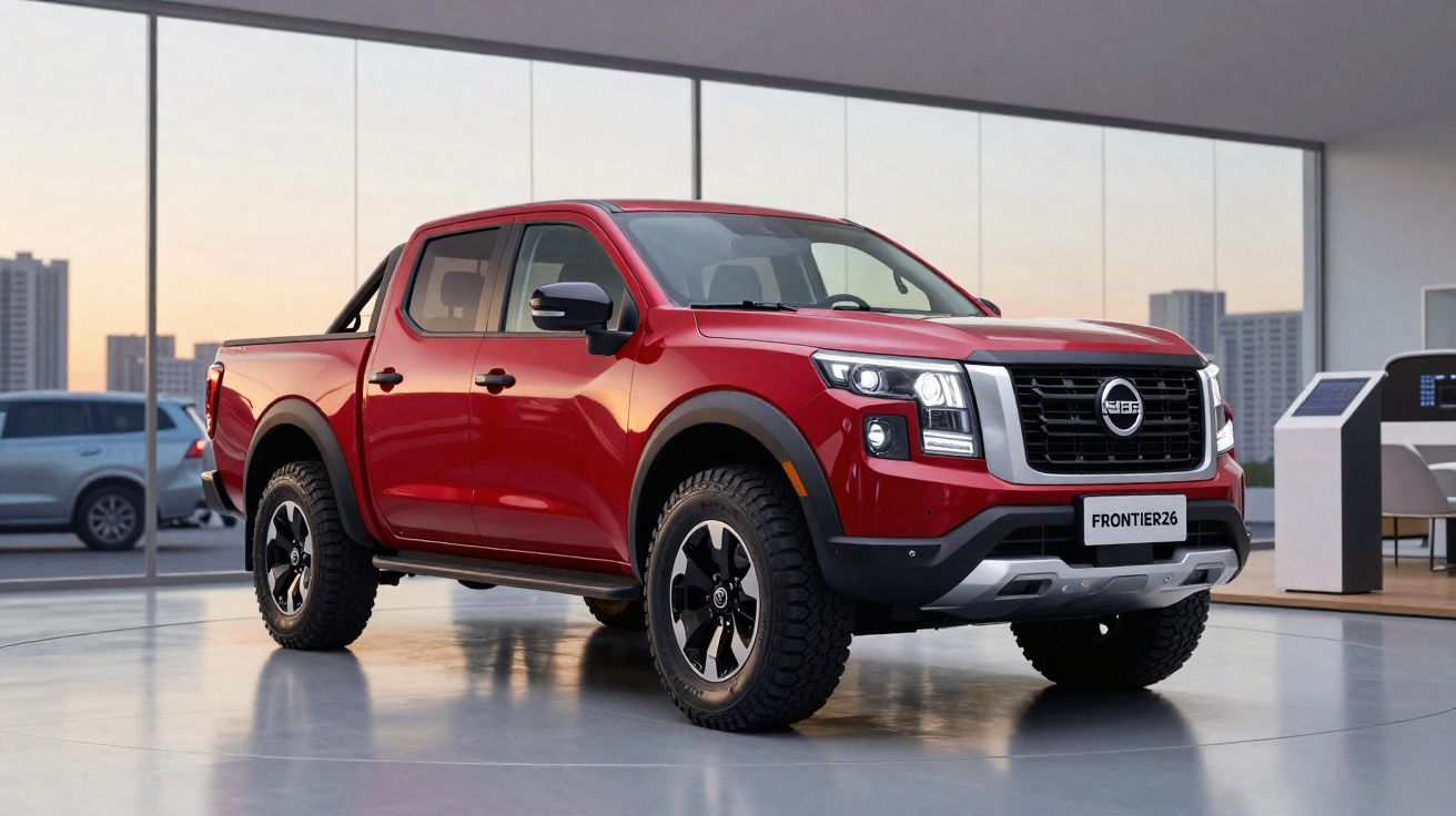 Roter Nissan Frontier26 Pickup mit schwarzem Grill und Offroad-Reifen in modernem Ausstellungraum.