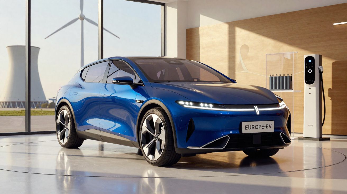 Blaues Elektroauto im Showroom mit Windkraftanlage und Kühlturm im Hintergrund bei Tageslicht.