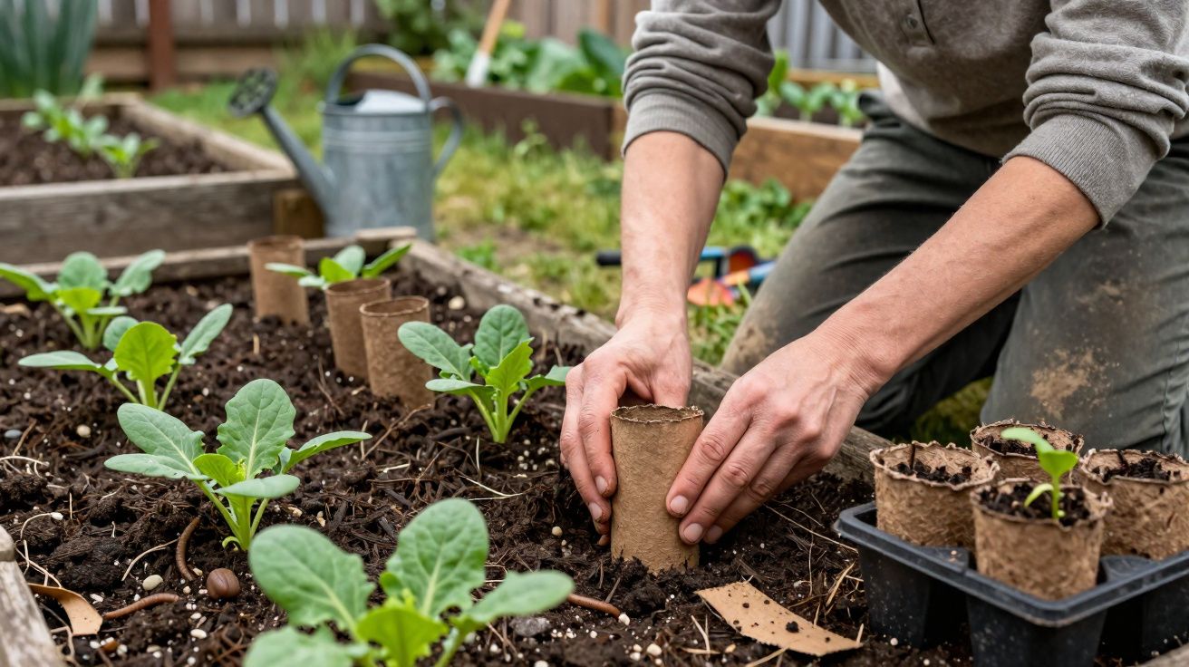 Person pflanzt Setzlinge in Beete mit Anzuchttöpfen und Gießkanne im Hintergrund im Garten.