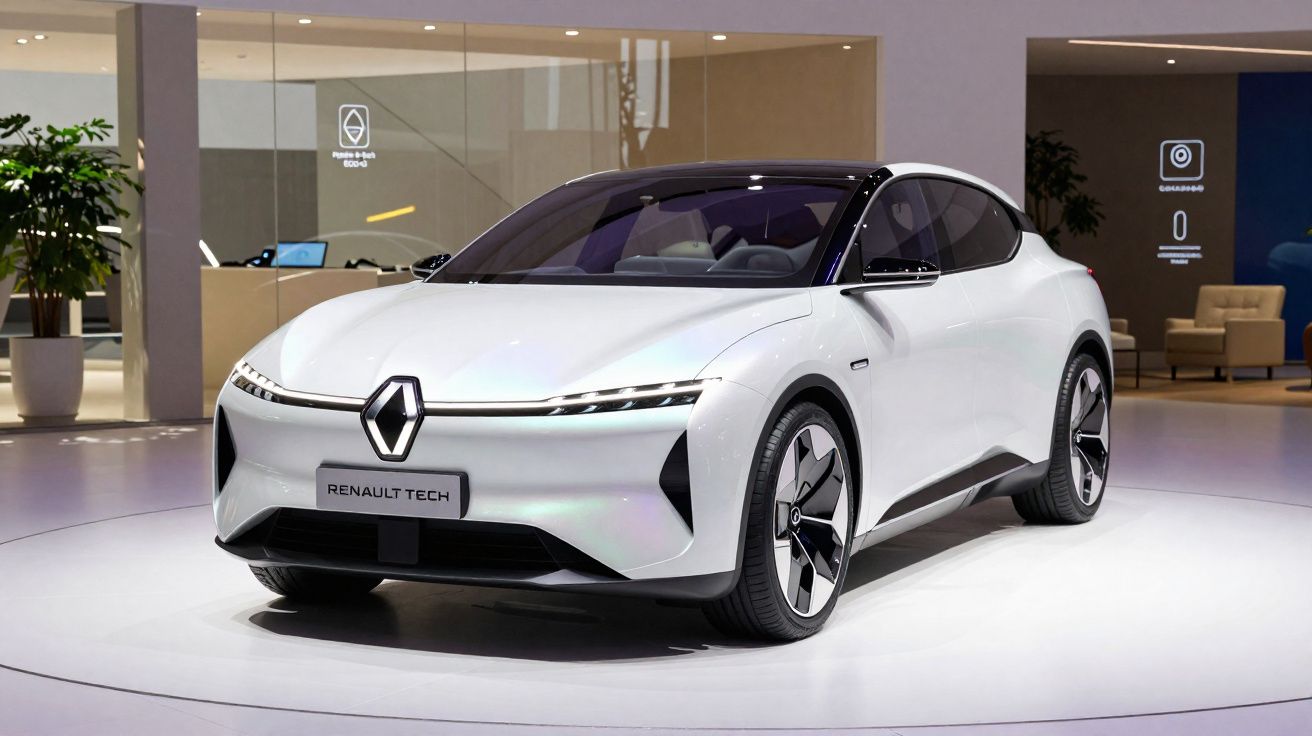 Weißes Renault Tech Elektroauto auf einer Messe mit modernem, minimalistischen Design.