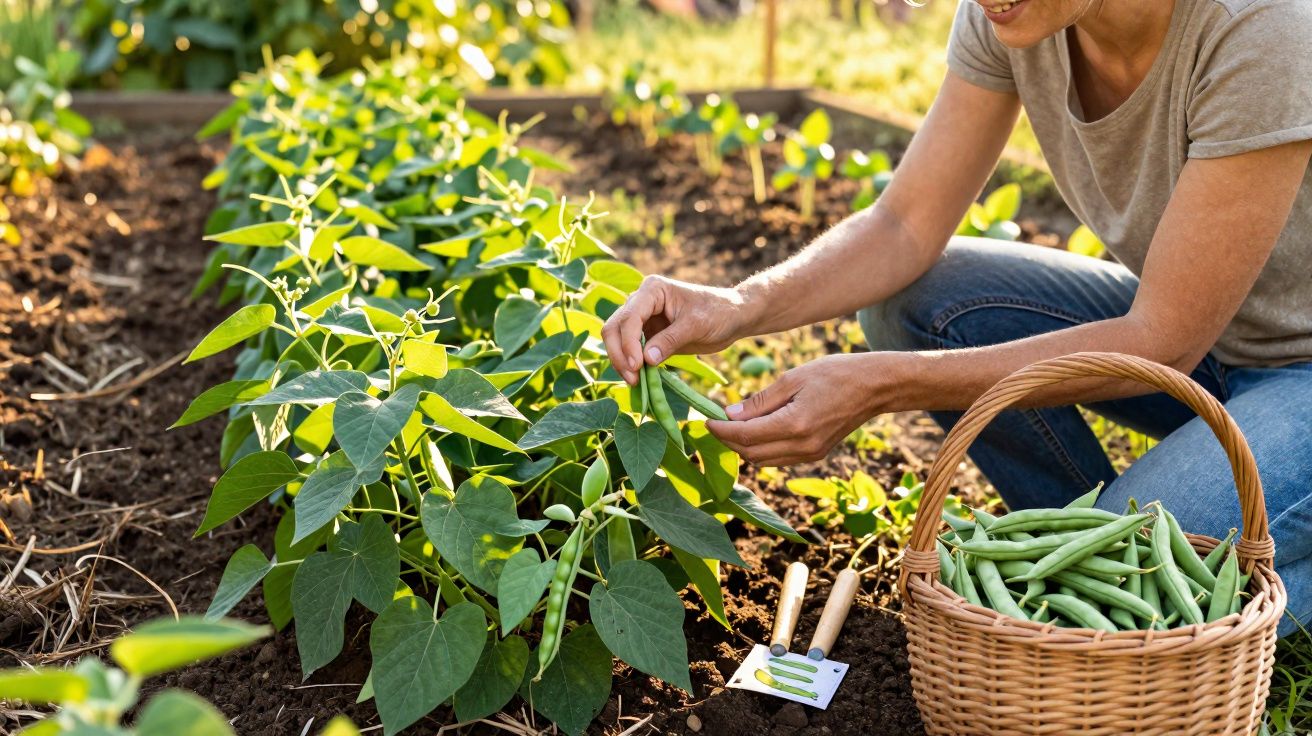 Person erntet grüne Bohnen in einem Garten, neben einem Korb voller frisch gepflückter Bohnen.
