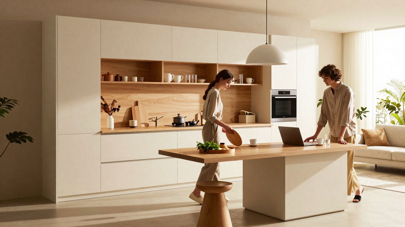 Moderne helle Küche mit Holzarbeitsfläche, zwei Personen und großen Fenstern, die Tageslicht hereinlassen.
