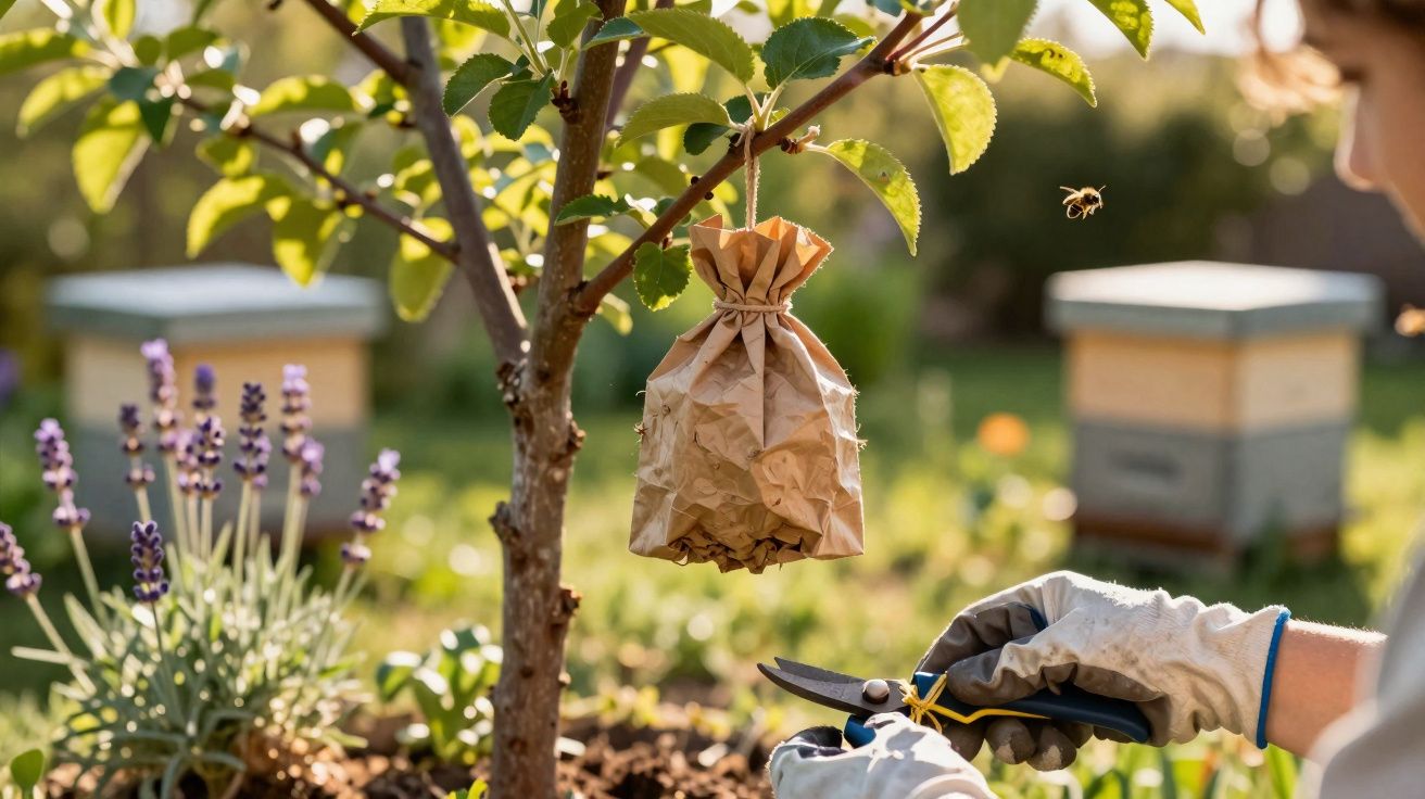 Person mit Handschuhen schneidet Ast neben Papierfalle am Baum, Bienen und Bienenstöcke im Hintergrund.