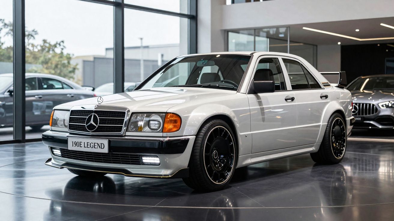 Weißer Mercedes-Benz 190E Legend Oldtimer mit schwarzem Spoiler in moderner Ausstellungshalle.