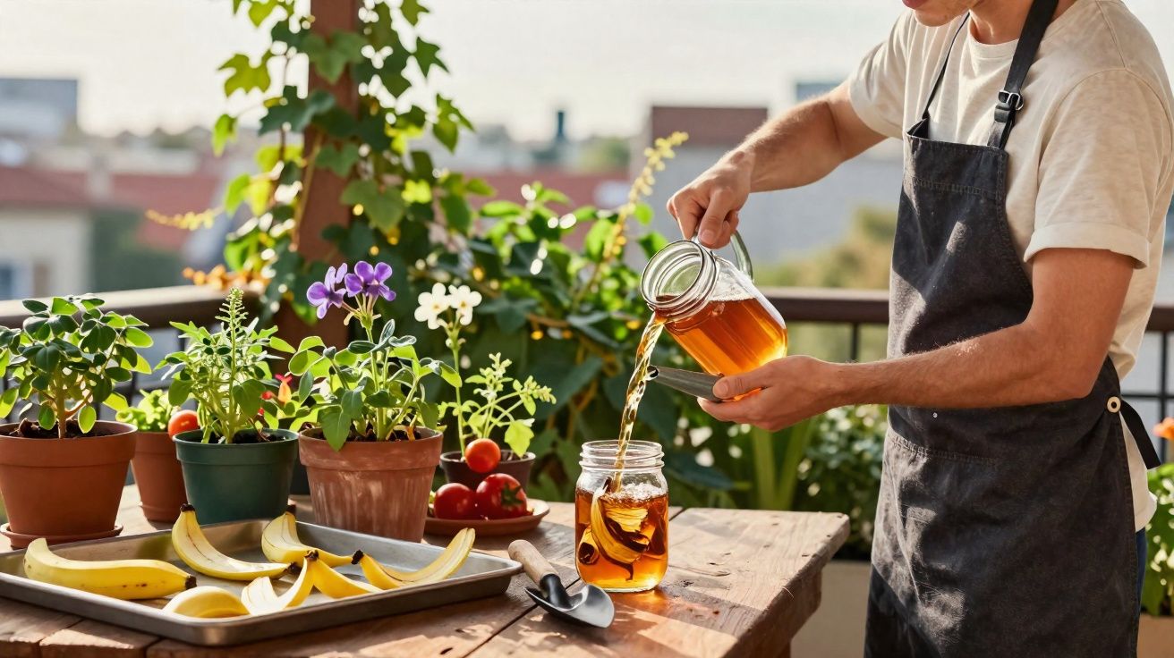 Mann gießt Tee mit Zitrone in ein Glas auf einem Holztisch mit Pflanzen und Obst auf dem Balkon.