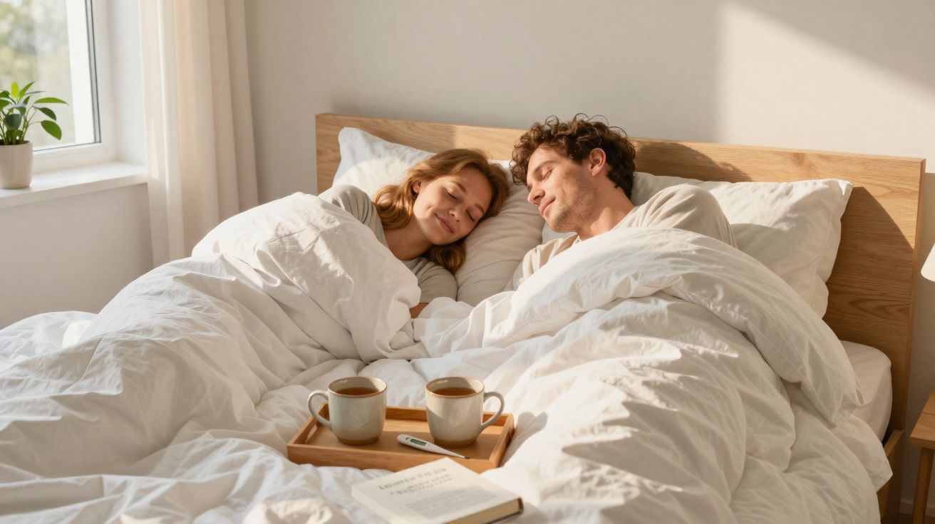 Paar liegt entspannt im Bett, umgeben von weißer Bettwäsche, mit Frühstückstablett und Buch.