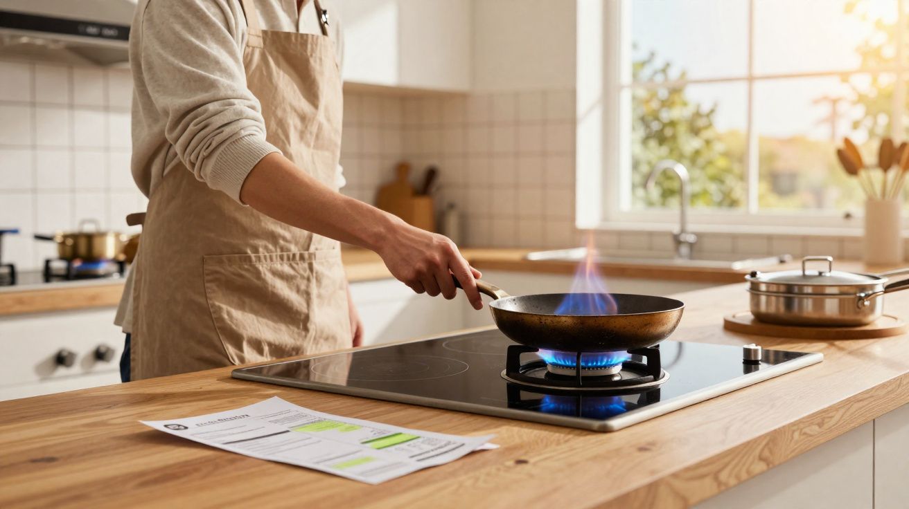 Person mit Schürze hält Pfanne über Gasherd in moderner Küche mit Holztisch und Rezeptblatt.