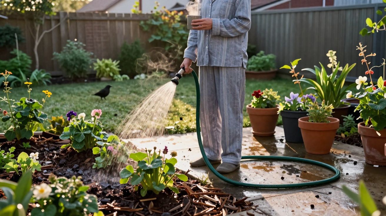 Person in grauem Pyjama gießt Blumen im Garten mit Gartenschlauch in der Hand und hält Tasse.