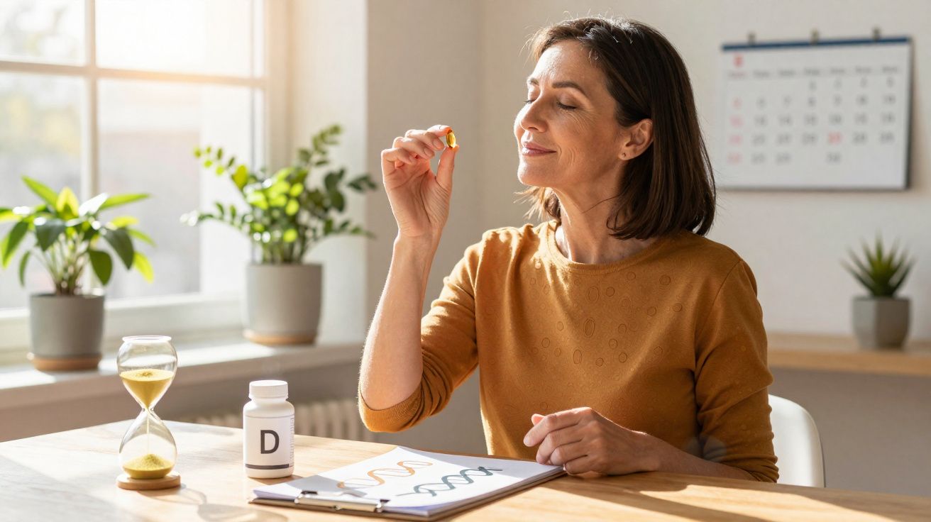 Frau nimmt eine Vitamin-D-Kapsel, sitzt am Tisch mit Pflanzen, Kalender und Sanduhr im Hintergrund.