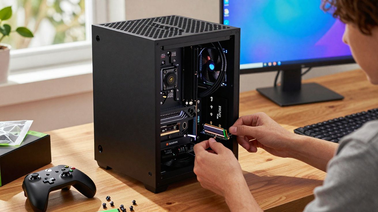 Person installiert eine Speichererweiterung in einem geöffneten Mini-ITX-PC-Gehäuse auf einem Schreibtisch.
