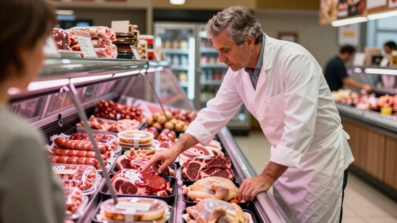 Metzger im weißen Kittel berät Kundin am Fleisch- und Wursttheke im Supermarkt.
