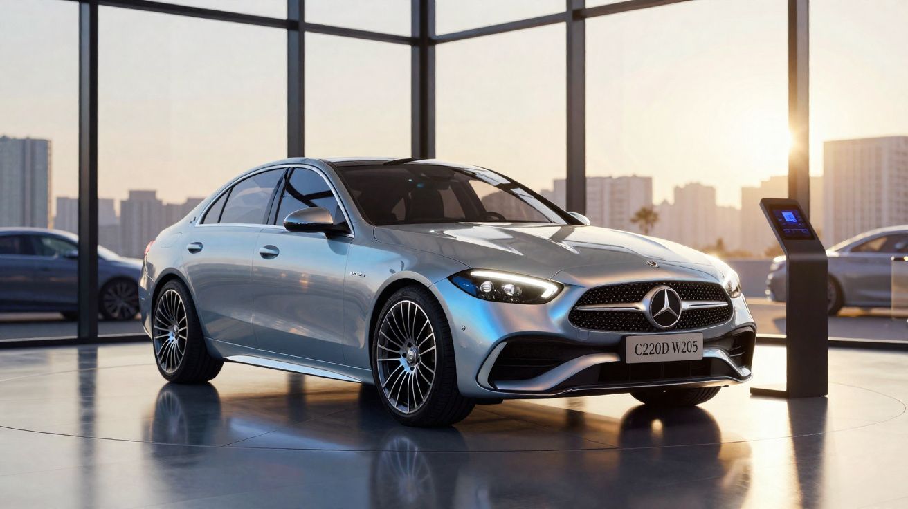 Silberner Mercedes-Benz C220d W205 steht in modernem Ausstellungsraum bei Sonnenuntergang.