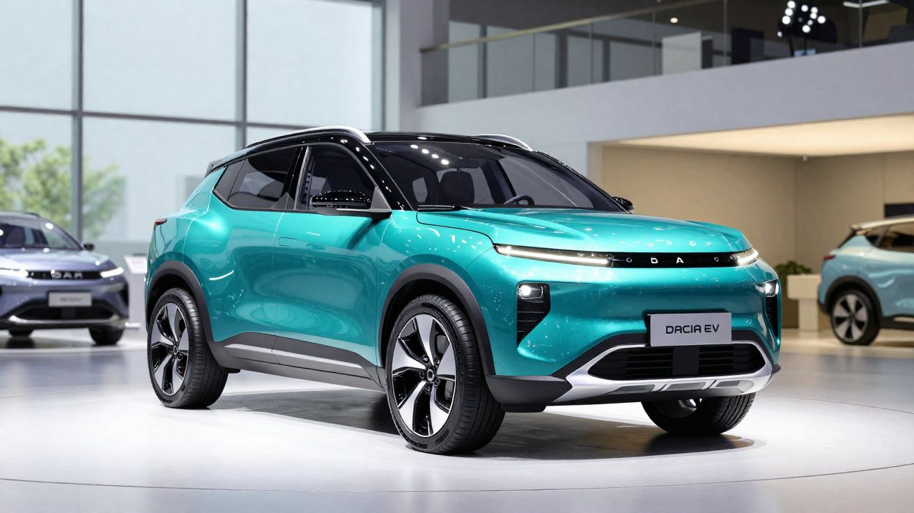 Türkisfarbener Dacia EV Elektrro-SUV mit schwarzem Dach auf Präsentationsfläche in modernem Showroom.