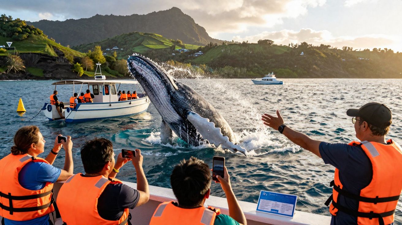 Menschen mit Rettungswesten beobachten und fotografieren einen springenden Buckelwal vom Boot aus bei Sonnenuntergang.