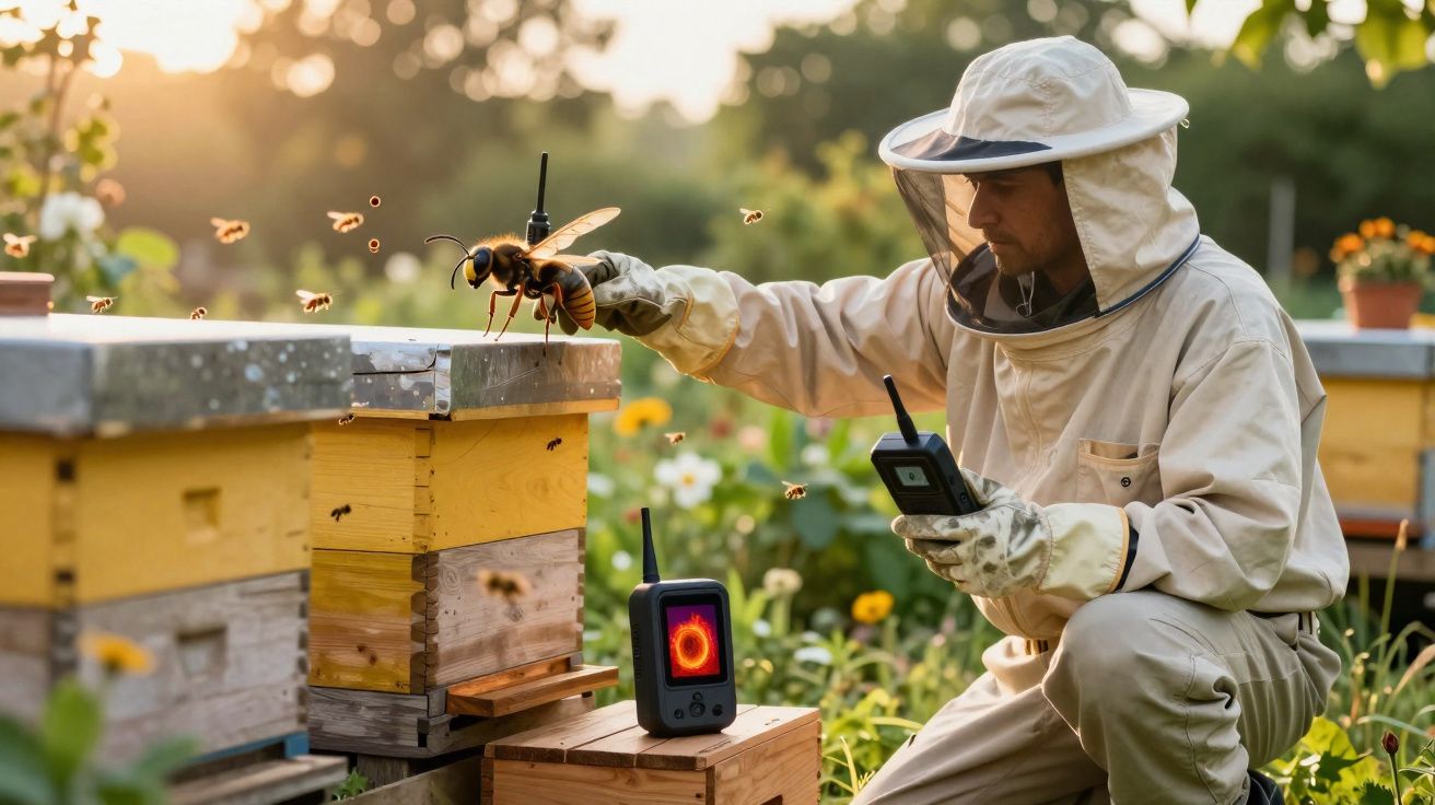 Imker im Schutzanzug hält große Wespe neben Bienenstock im Sonnenlicht im Garten.