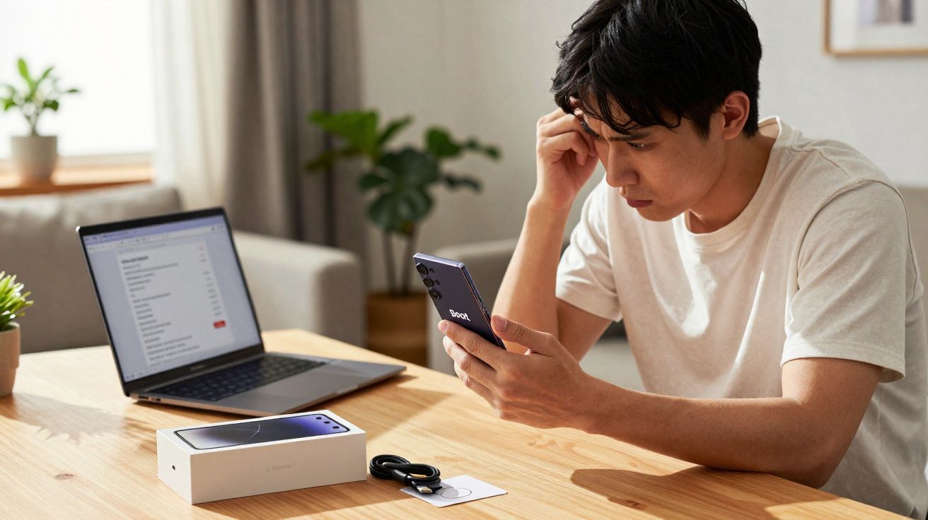 Junger Mann liest besorgt auf seinem Smartphone, sitzt am Tisch mit neuem Handy und Laptop im Hintergrund.