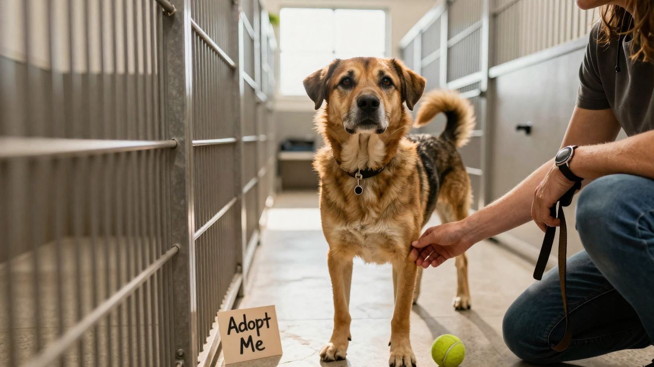 Hund in Tierheimbox mit „Adopt Me“-Schild, Mensch hält Leine und berührt sanft seine Pfote.
