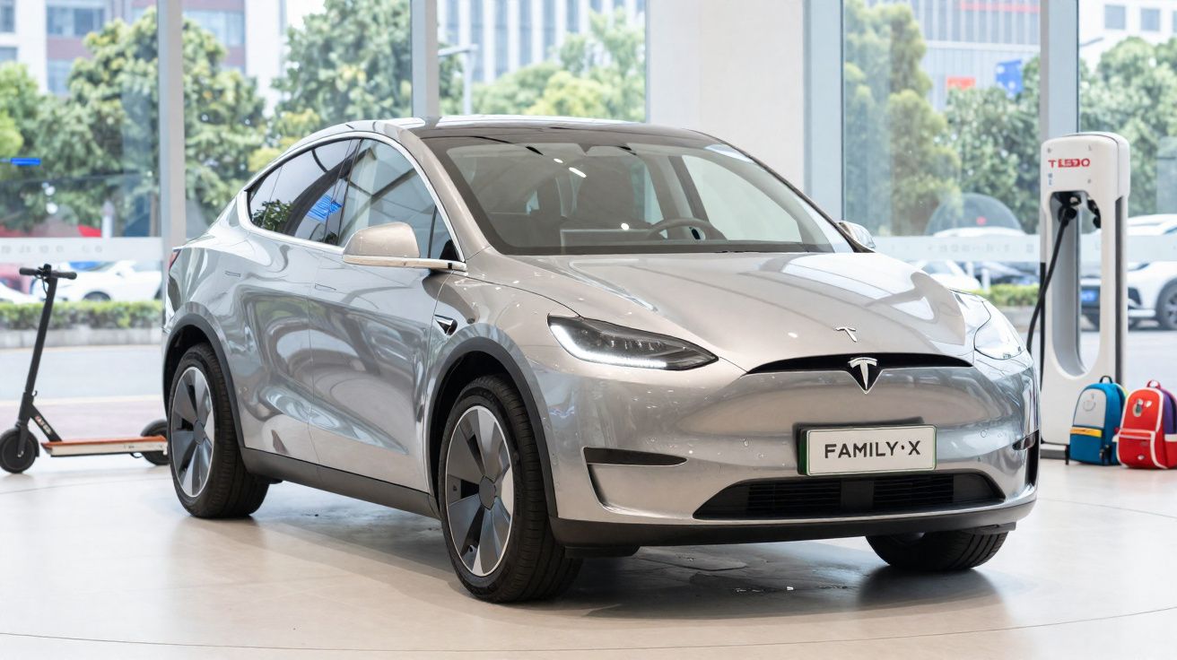 Silberfarbener Tesla Family-X Elektro-SUV an Ladestation in hellem Innenraum mit Fenstern und Außenblick.
