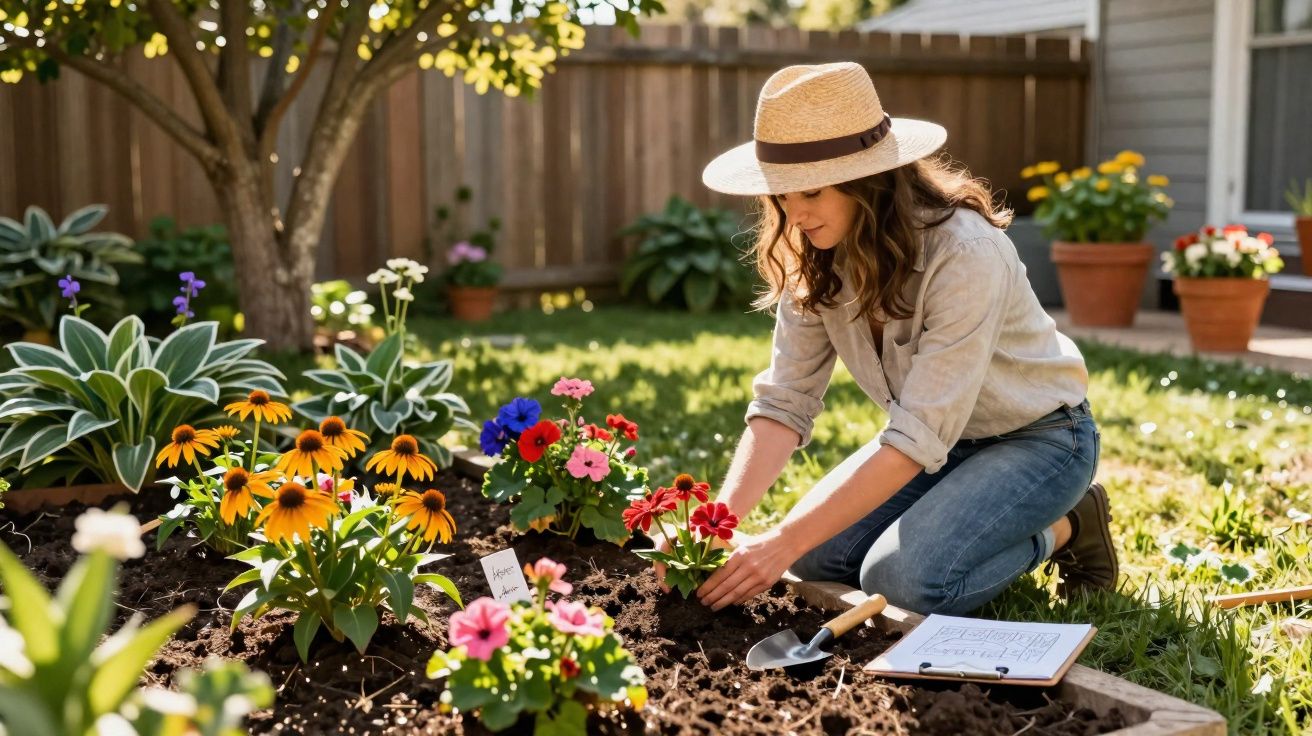 Frau mit Strohhut pflanzt bunte Blumen in einem sonnigen Gartenbeet im Hinterhof.
