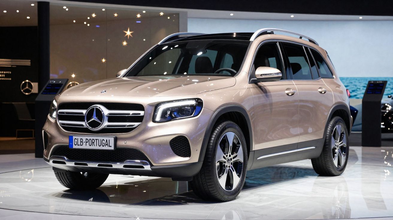 Beiger Mercedes-Benz GLB SUV mit portugiesischem Kennzeichen auf Autoshow mit blauem Meereshintergrund.