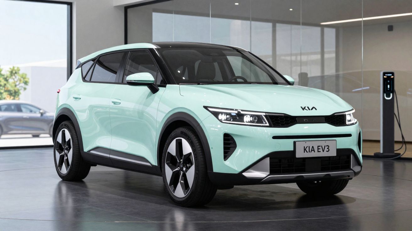 Eleganter mintgrüner Kia EV3 Elektro-SUV im Showroom mit moderner Ladestation im Hintergrund.
