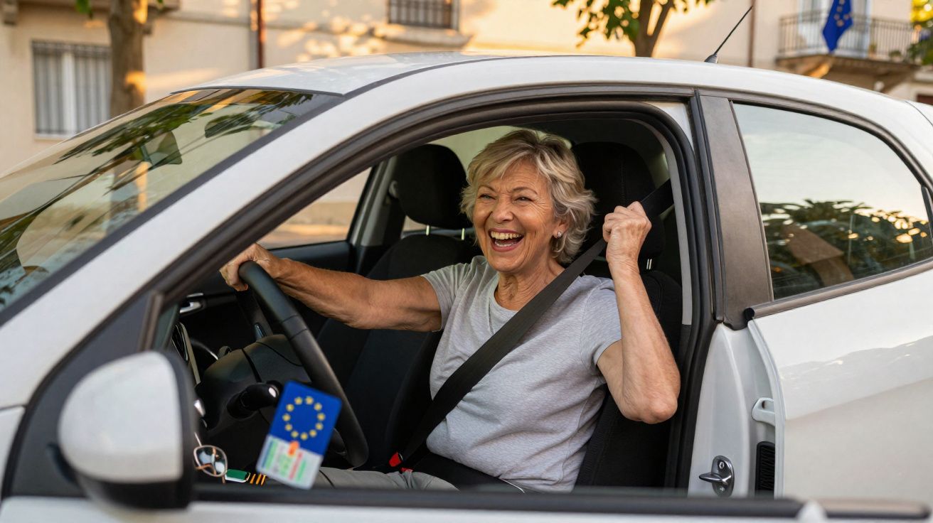 Ältere Frau im Auto mit angeschnalltem Sicherheitsgurt hebt lachend die Faust aus dem Fenster.