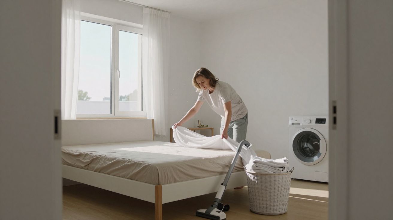 Frau bezieht Bett in hellem Schlafzimmer mit Wäscherei, Wäschekorb und Staubsauger auf Holzboden.