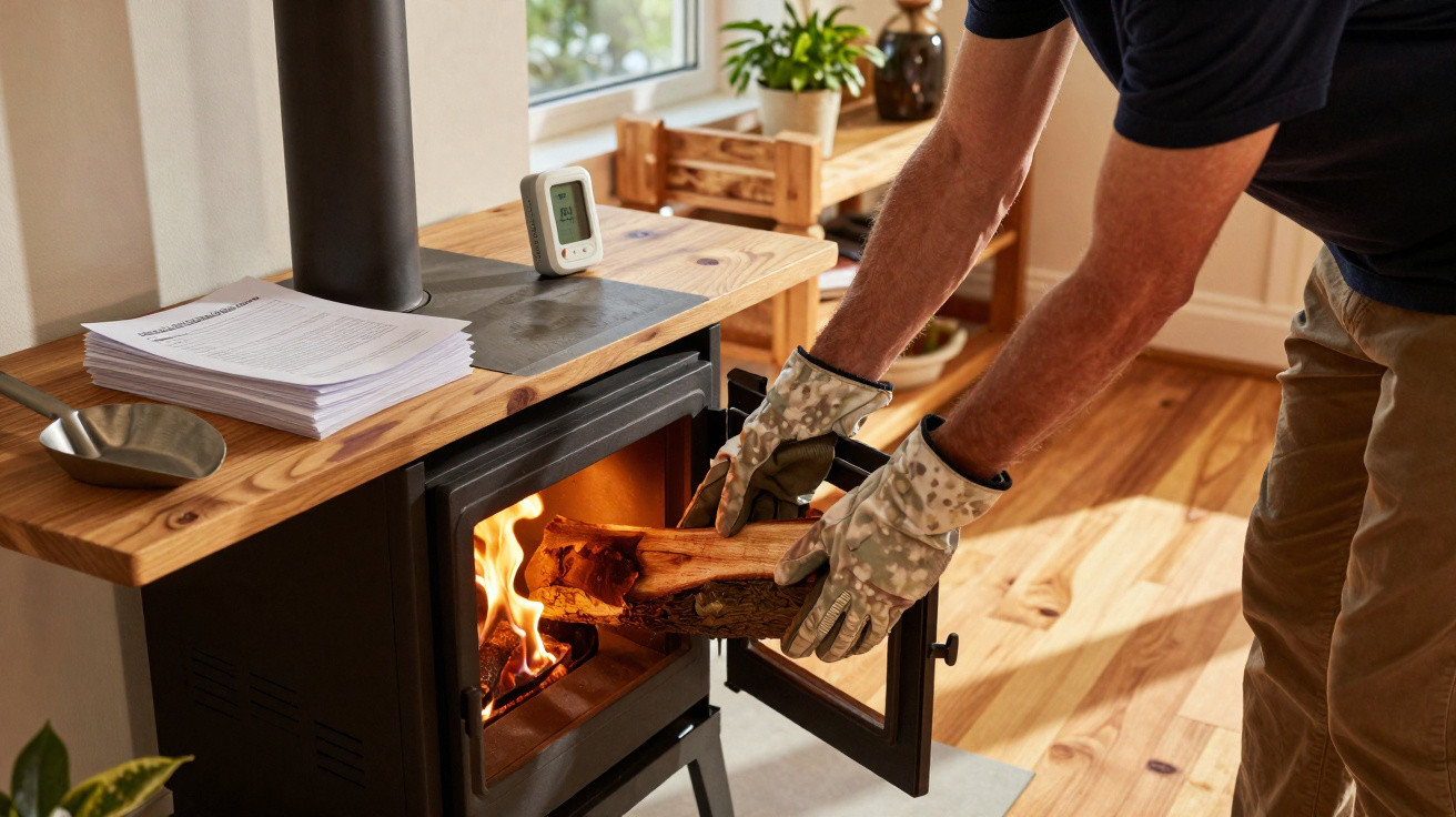 Person legt Holzscheit in einen brennenden Holzofen in einem hellen Wohnzimmer mit Holzboden.