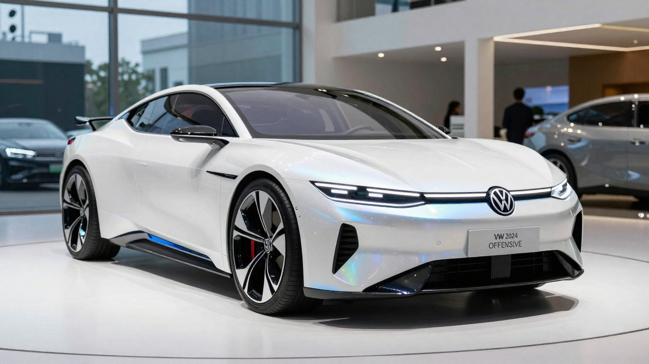 Weißes Volkswagen Elektroauto VW 2024 Offensive auf Ausstellungsfläche mit modernen LED-Scheinwerfern.