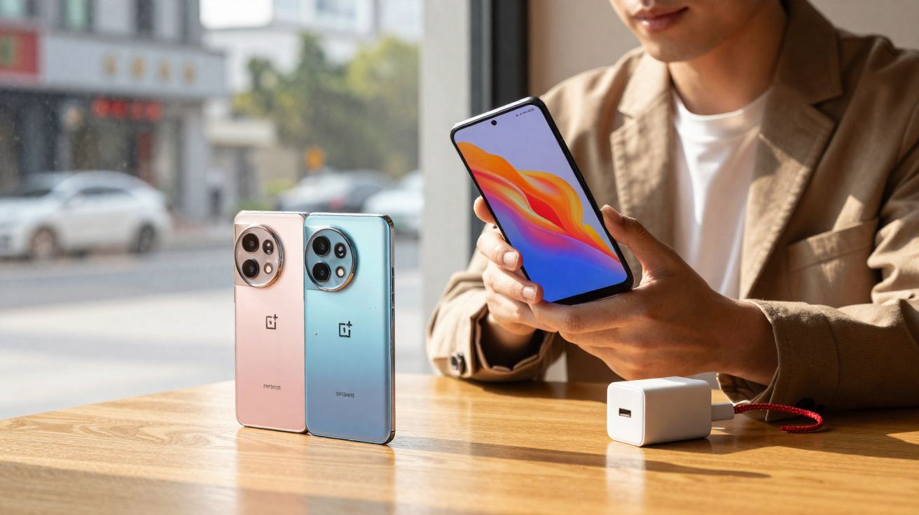 Person hält ein Smartphone mit leuchtendem Display, zwei weitere Smartphones stehen auf einem Holztisch neben einem Ladegerät